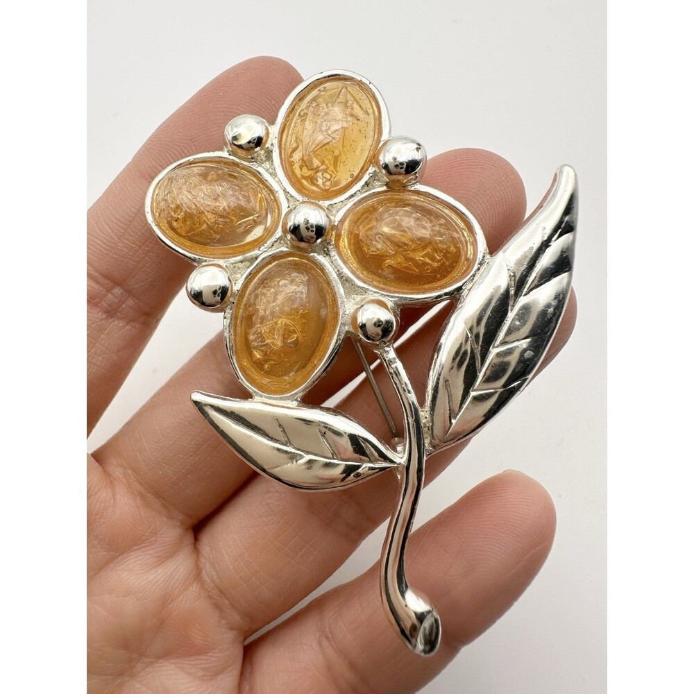 Vintage Silver Tone Faux Amber Flower Pin Brooch